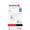 Swissten síťový adaptér gan 1x usb-c 45w pd + 1x usb-a 18w qc bílý
