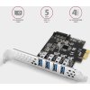 AXAGON PCEU-43RS, PCIe řadič, 4x USB 3.2 Gen 1 port, 5 Gbps, napájení z PCIe nebo SATA, SP & LP
