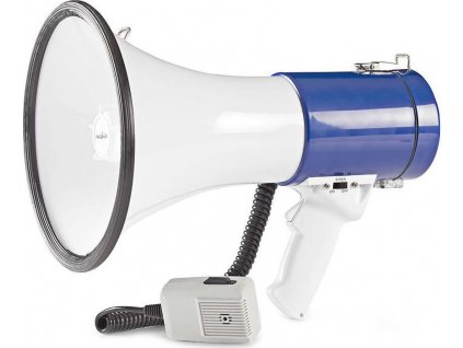 NEDIS megafón / rozsah 1500m / hlasitosť 135dB / odnímateľný mikrofón / vstavaná siréna / ramenný popruh / bielo-modrý