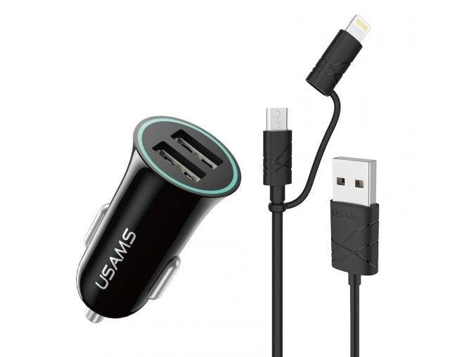 Usams CC013 Dual USB 2.1A univerzálna autonabíjačka a 2 v 1 (Micro USB, iPhone Lightning) kábel, čierny set