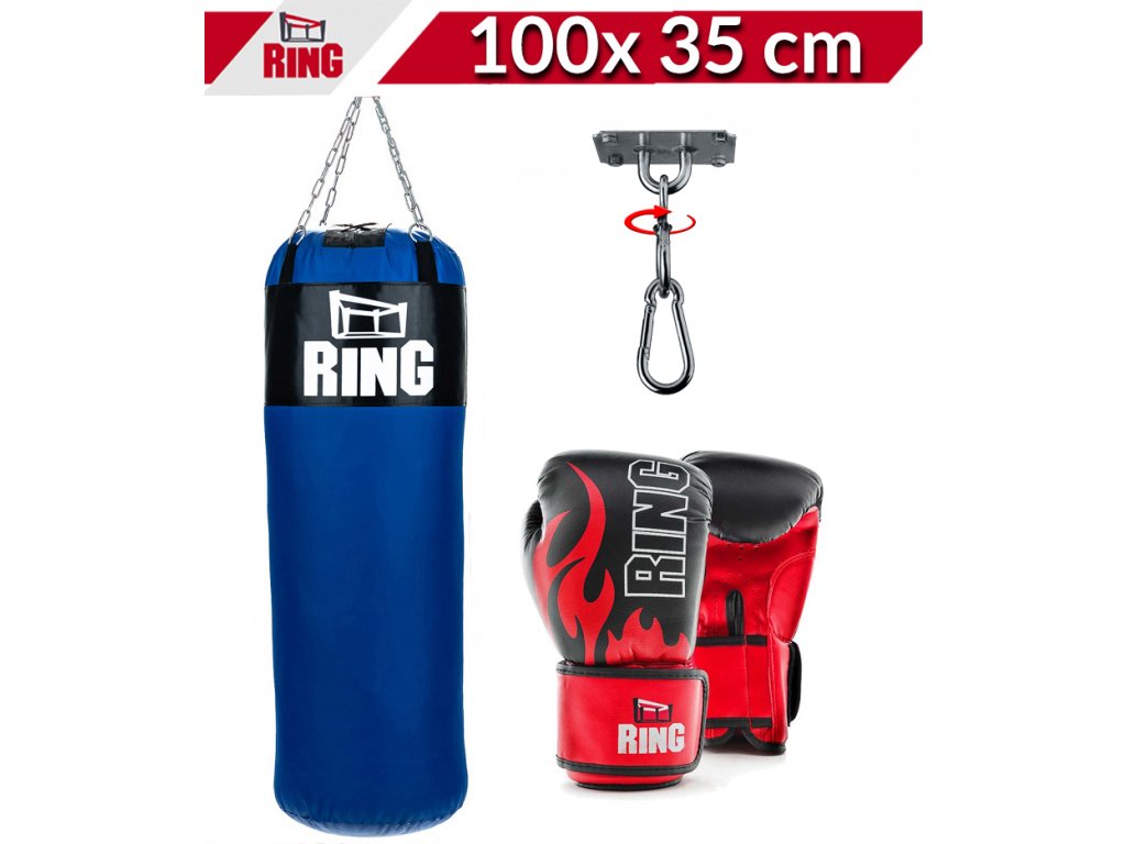 Dětský boxovací SET RING SPORT, pytel 100 x 35 cm 25 kg, rukavice, držák,  modrý - 4KARATE