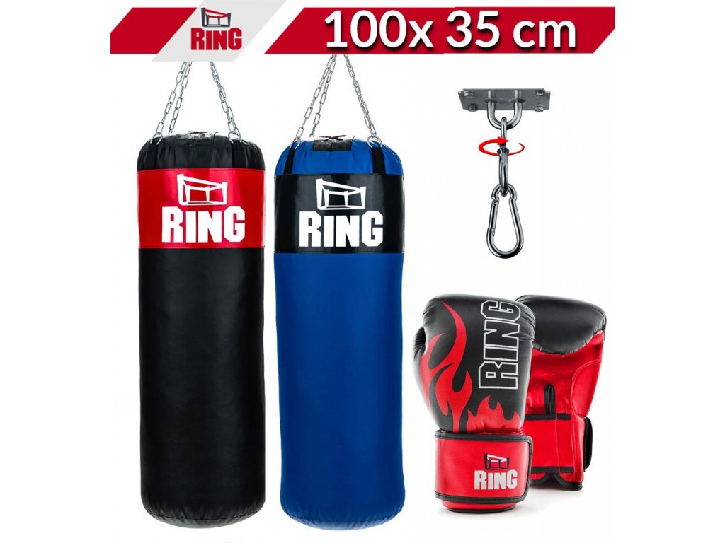 Dětský boxovací SET RING SPORT, pytel 100 x 35 cm 25 kg, rukavice, držák,  červený - 4KARATE