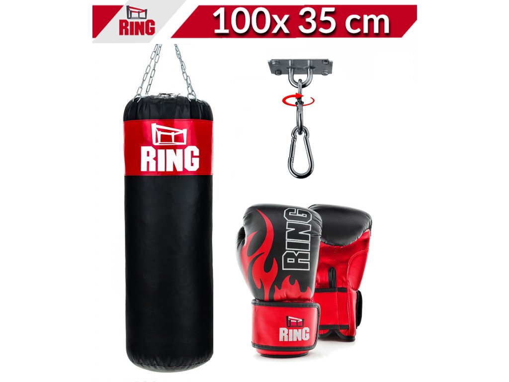Dětský boxovací SET RING SPORT, pytel 100 x 35 cm 25 kg, rukavice, držák,  červený - 4KARATE