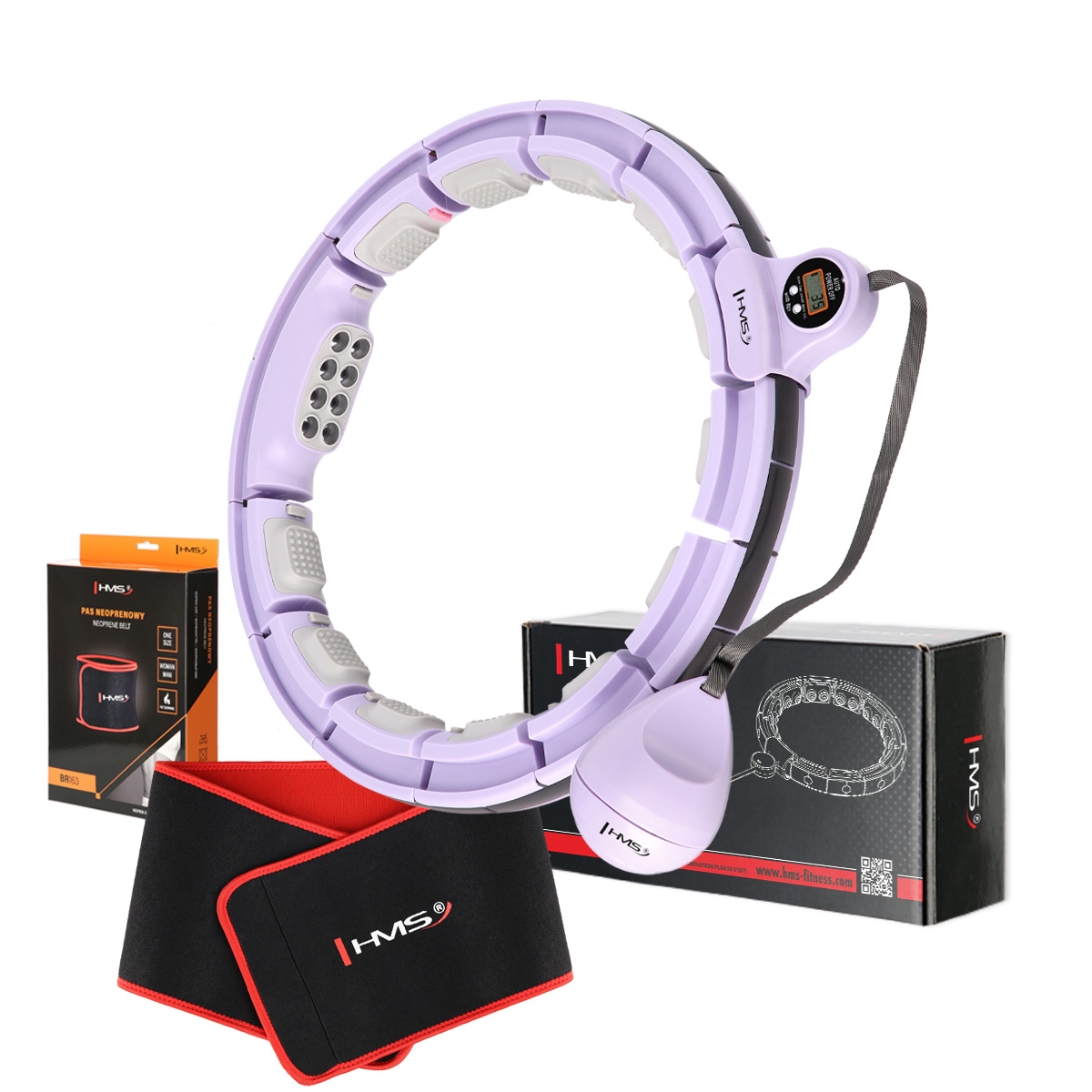 Sada masážní hula hoop HMS HHM13 se závažím, magnety a počítadlem a zeštíhlujícího pásu BR163 fialová