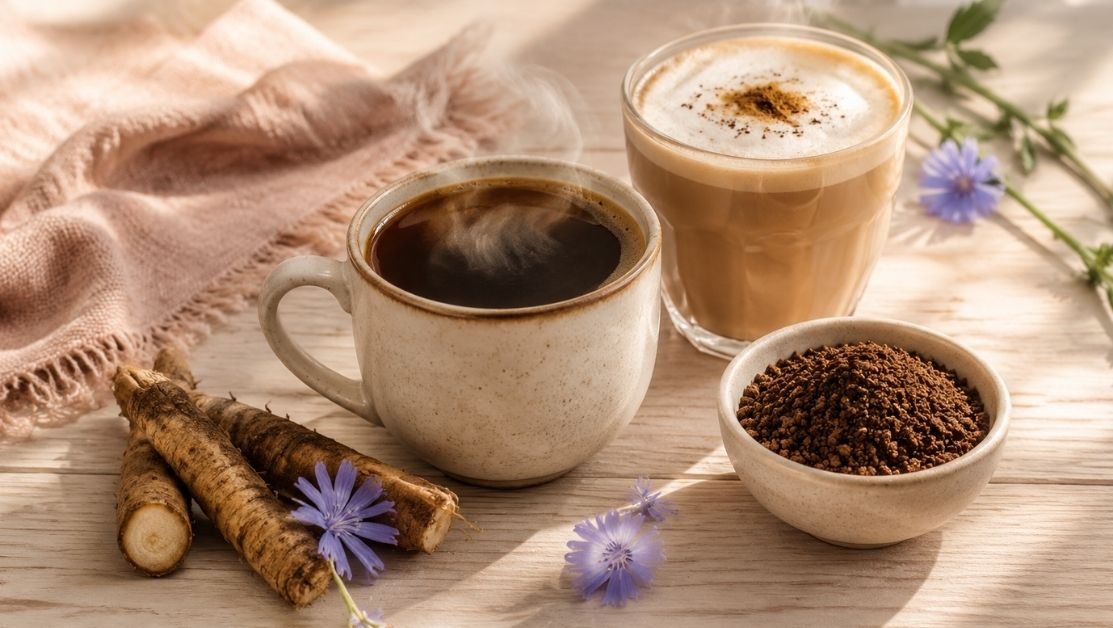 Šálek čekankové kávy, čekankové latte a pražená čekanka
