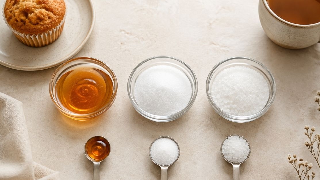 Tři druhy slazení v miskách: tekutý čekankový sirup, jemný erythritol a krystalky xylitolu