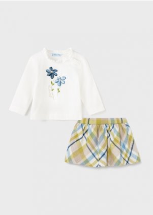 Check skirt set with top for baby girl, Olive