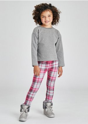 Top and chequered leggings set for girl, Fuchsia