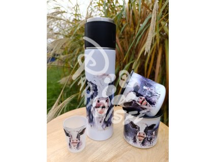 HOLŠTÝNKA vyplazený jazyk - termoska a termohrnek, hrnek - keramický a smaltový, panáková sklenka