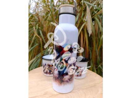 ARA s papoušky (pták) - termoska a termohrnek, hrnek - keramický a smaltový, panáková sklenka