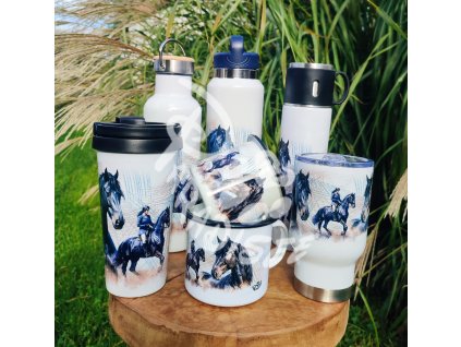 Černý kůň - ATHÉNA s jezdkyní - termoska a termohrnek, hrnek - keramický a smaltový, panáková sklenka