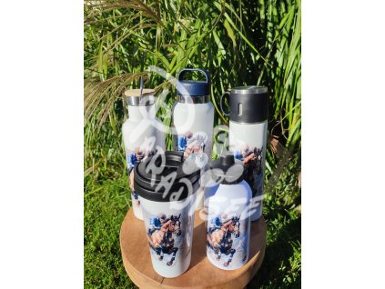 FANTOME s jezdcem (kůň)  - termoska a termohrnek, hrnek - keramický a smaltový, panáková sklenka