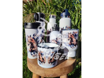 GINA s jezdkyní (kůň) - termoska a termohrnek, hrnek - keramický a smaltový, panáková sklenka