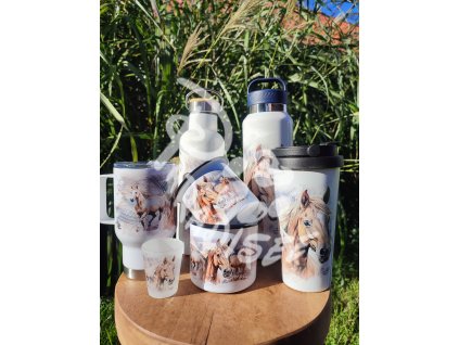 IZABELA (kůň) - termoska a termohrnek, hrnek - keramický a smaltový, panáková sklenka