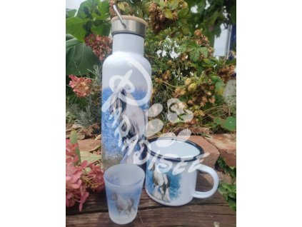 WILDA (kůň - irský cob) - termoska a termohrnek, hrnek - keramický a smaltový, panáková sklenka