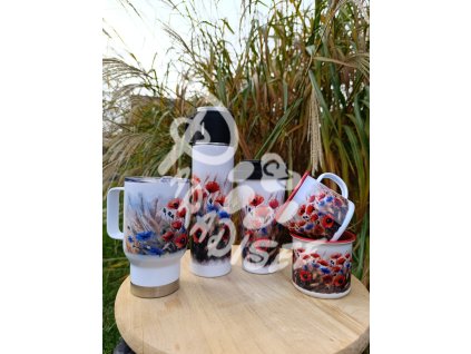 MÁKY V OBILÍ (kytka) - termoska a termohrnek, hrnek - keramický a smaltový, panáková sklenka