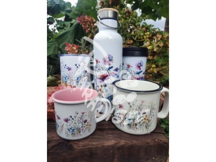 LUČNÍ KVÍTÍ (kytka) - termoska a termohrnek, hrnek - keramický a smaltový, panáková sklenka