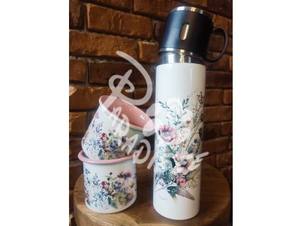 LUČNÍ KVÍTÍ druhé (kytka) - termoska a termohrnek, hrnek - keramický a smaltový, panáková sklenka