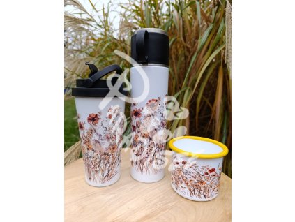 PODZIMNÍ KVÍTÍ(kytka) - termoska a termohrnek, hrnek - keramický a smaltový, panáková sklenka