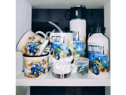 ZETOR MODRÝ 3011 (traktor) - termoska a termohrnek, hrnek - keramický a smaltový, panáková sklenka