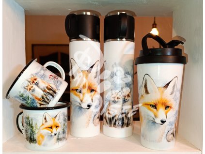 LIŠKA (lesní zvěř) - termoska a termohrnek, hrnek - keramický a smaltový, panáková sklenka