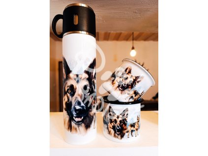 NĚMECKÝ OVČÁK nový  (pes) - termoska a termohrnek, hrnek - keramický a smaltový, panáková sklenka