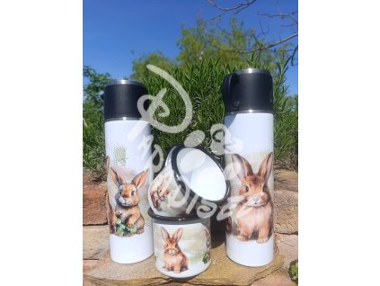 KRÁLÍČEK HNĚDÝ - termoska a termohrnek, hrnek - keramický a smaltový, panáková sklenka