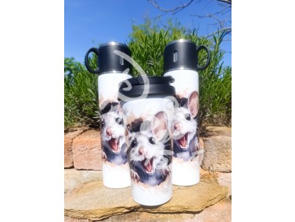 MYŠKA - termoska a termohrnek, hrnek - keramický a smaltový, panáková sklenka