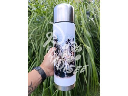 BELGICKÝ kůň - termoska a termohrnek, hrnek - keramický a smaltový, panáková sklenka