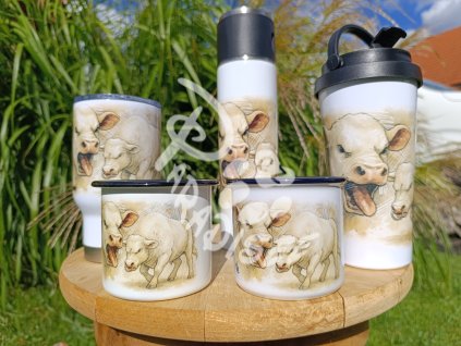 CHAROLAIS býk - termoska a termohrnek, hrnek - keramický a smaltový, panáková sklenka