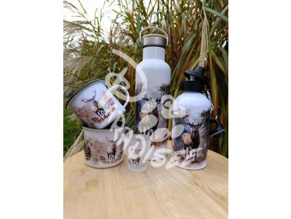 JELEN (lesní zvěř) - termoska a termohrnek, hrnek - keramický a smaltový, panáková sklenka