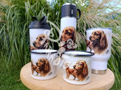KOKRŠPANĚL Anglický (pes) - termoska a termohrnek, hrnek - keramický a smaltový, panáková sklenka