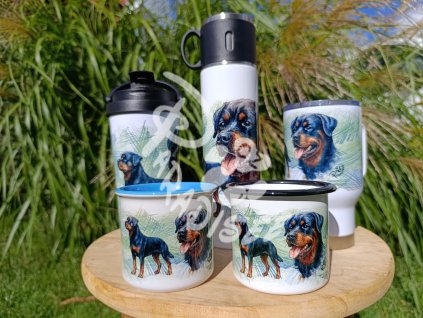 ROTVAJLER (pes) - termoska a termohrnek, hrnek - keramický a smaltový, panáková sklenka