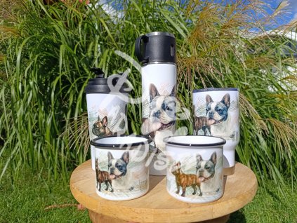 FR. BULDOČEK nový (pes) - termoska a termohrnek, hrnek - keramický a smaltový, panáková sklenka