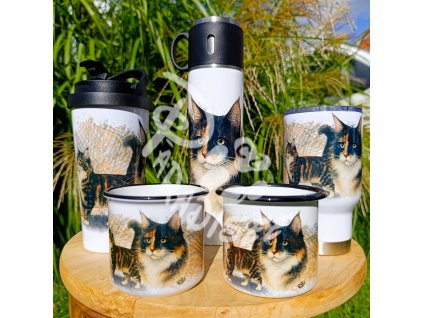 MAINSKÁ MÝVALÍ (kočka)- termoska a termohrnek, hrnek - keramický a smaltový, panáková sklenka