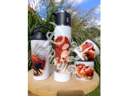 LIMOUSINE býk - termoska a termohrnek, hrnek - keramický a smaltový, panáková sklenka