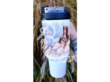 TŘI koně - termoska a termohrnek, hrnek - keramický a smaltový, panáková sklenka