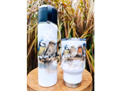 PTÁČCI na krmítku (pták) - termoska a termohrnek, hrnek - keramický a smaltový, panáková sklenka