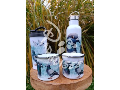 HOLUB poštovní (pták) - termoska a termohrnek, hrnek - keramický a smaltový, panáková sklenka
