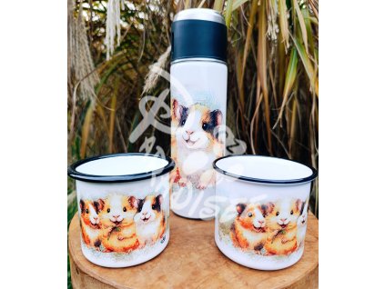 TŘI MORČÁTKA - termoska a termohrnek, hrnek - keramický a smaltový, panáková sklenka