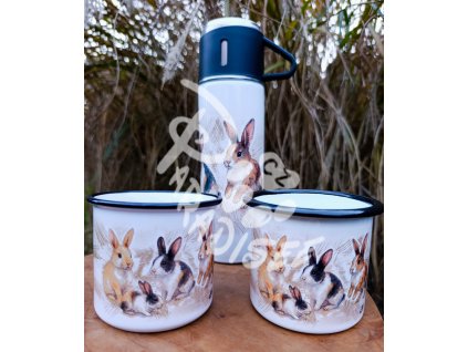 RODINKA KRÁLÍČKŮ - termoska a termohrnek, hrnek - keramický a smaltový, panáková sklenka
