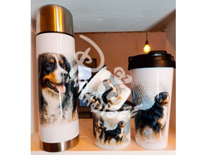 BERNSKÝ SALAŠNICKÝ (pes) - termoska a termohrnek, hrnek - keramický a smaltový, panáková sklenka