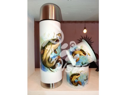 SUMEC (ryba) - termoska a termohrnek, hrnek - keramický a smaltový, panáková sklenka