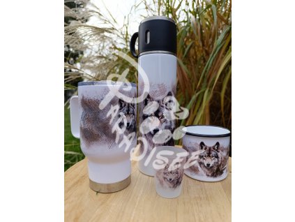 VLK (lesní zvěř) - termoska a termohrnek, hrnek - keramický a smaltový, panáková sklenka