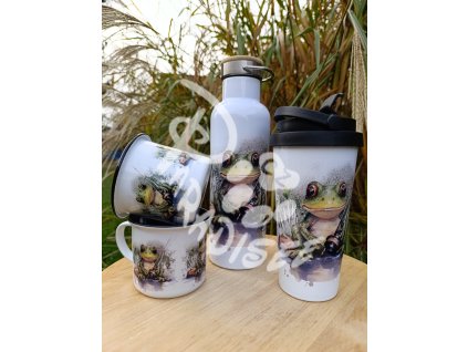 ŽÁBA - termoska a termohrnek, hrnek - keramický a smaltový, panáková sklenka