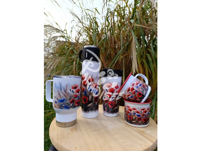 MÁKY V OBILÍ (kytka) - termoska a termohrnek, hrnek - keramický a smaltový, panáková sklenka