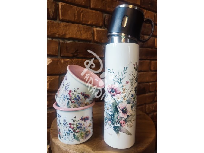 LUČNÍ KVÍTÍ druhé (kytka) - termoska a termohrnek, hrnek - keramický a smaltový, panáková sklenka