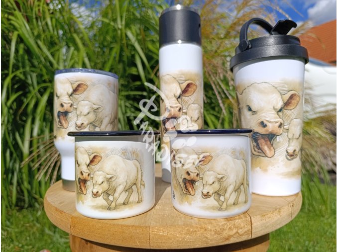 CHAROLAIS býk - termoska a termohrnek, hrnek - keramický a smaltový, panáková sklenka