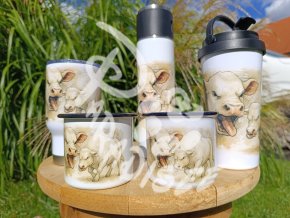 CHAROLAIS býk - termoska a termohrnek, hrnek - keramický a smaltový, panáková sklenka