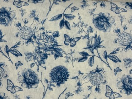 Bavlněná látka Modré růže s motýly - digitální tisk